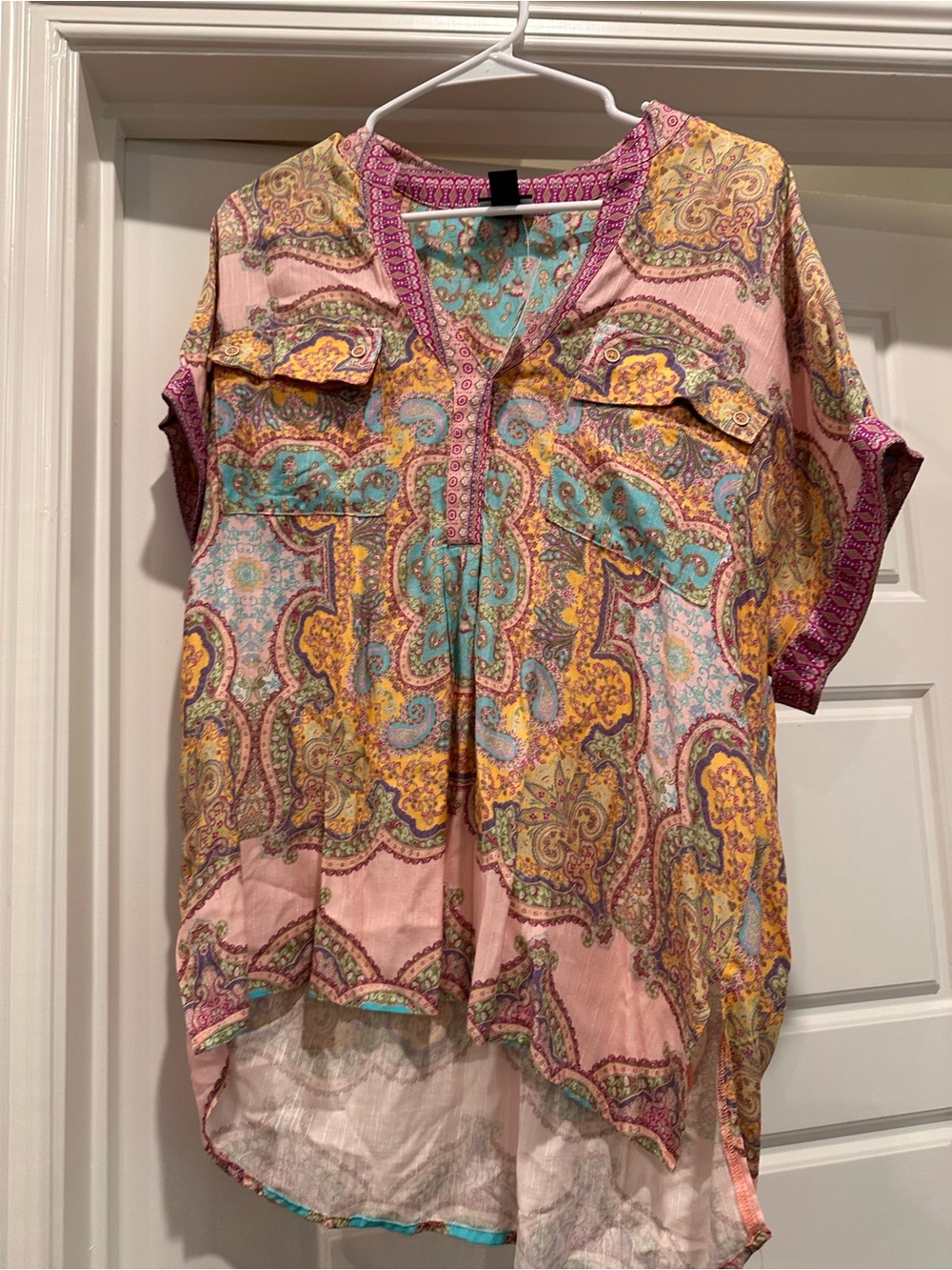 Daytrip Pink Paisley Split-Neck Blouse with Teal & Yellow Accents
